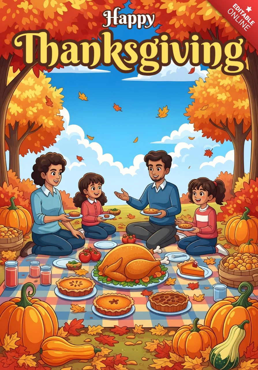 Tarjeta de acción de gracias caricatura de familia en picnic con pavo, pasteles y diseño de banner de hojas de otoño