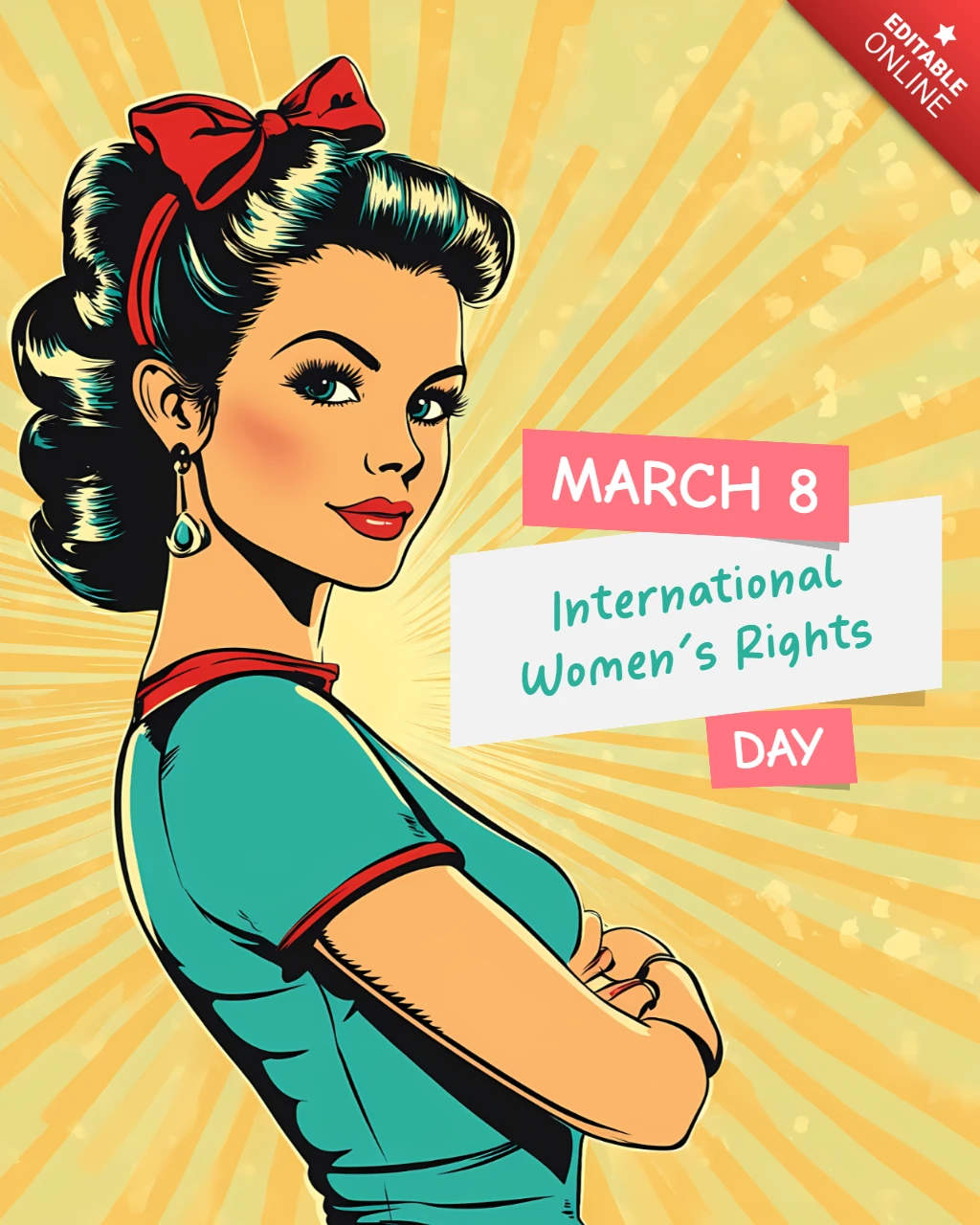 International Women's Rights Day Template With Pop Art Comic Empowered Woman Character
