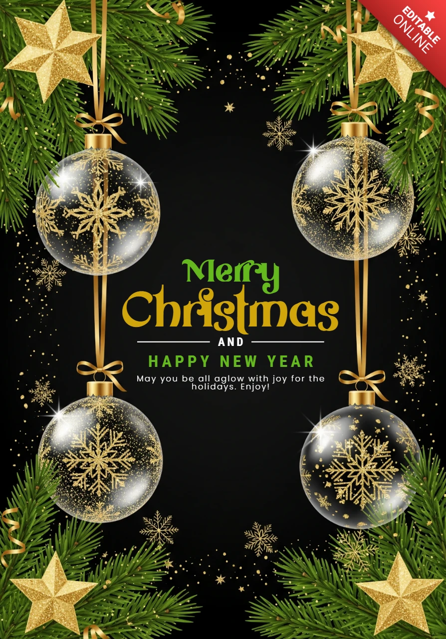 Design de cartão de Natal com enfeites brilhantes, fitas douradas e tema festivo escuro.