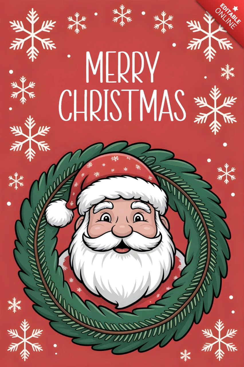 Christmas Greeting Card Santa Claus Face in Pine Wreath with Snowflakes on Red Background