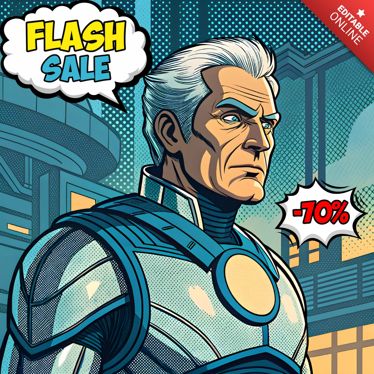 Comic-Stil Flash-Sale Werbevorlage mit heldenhaftem Charakterdesign für Poster