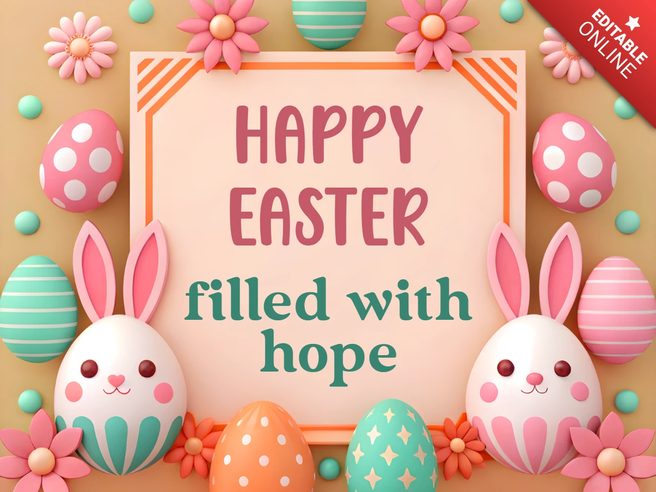 Whimsical Easter Greeting Card Design Template with Colorful Eggs and Bunnies