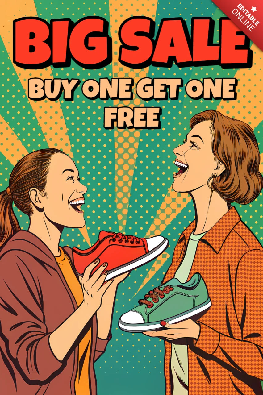 Template de venda de pop art com tênis para design de folheto promocional