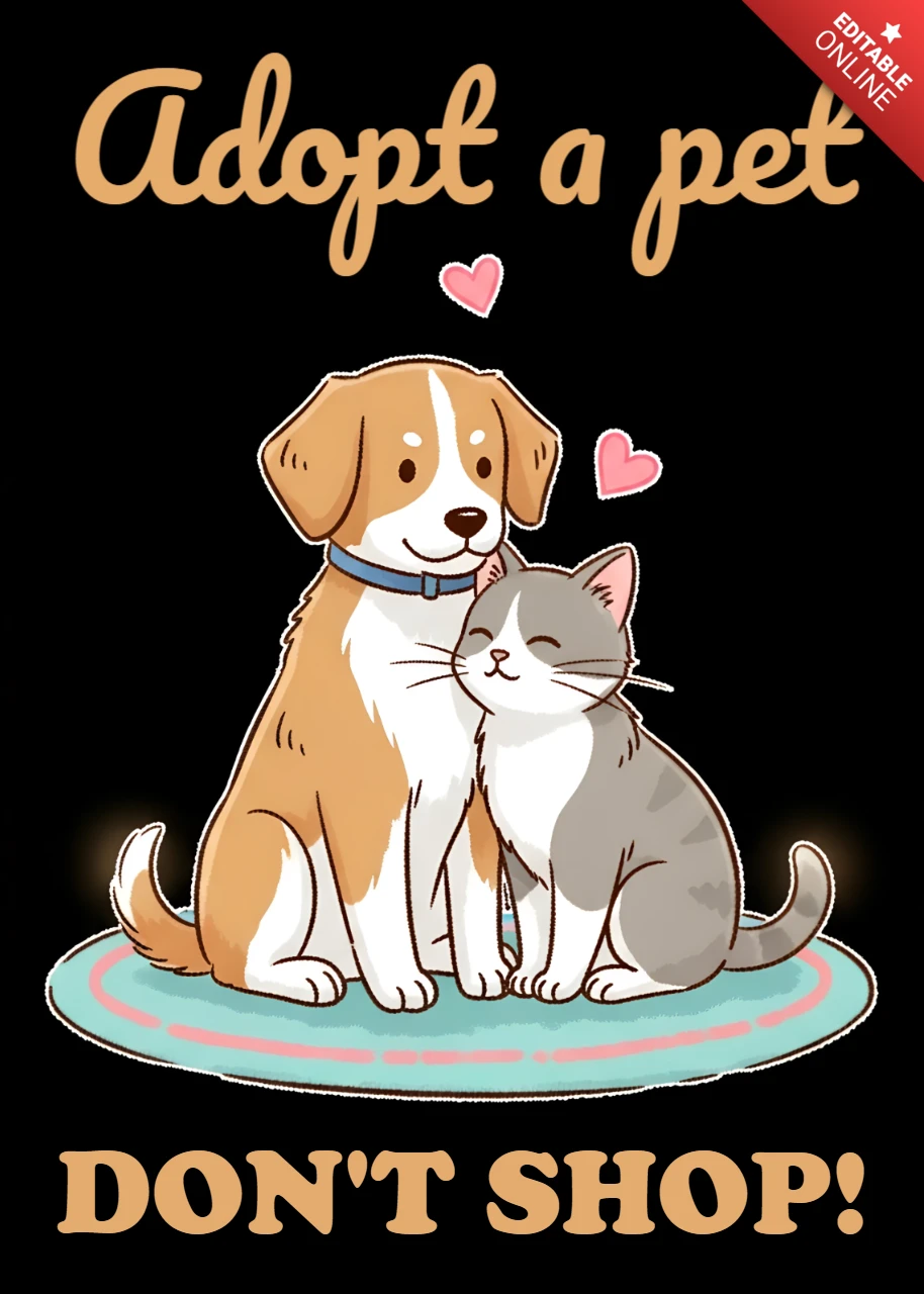 Adoptiere ein Haustier-Design-Template für ein T-Shirt mit niedlicher Hund- und Katzenillustration.