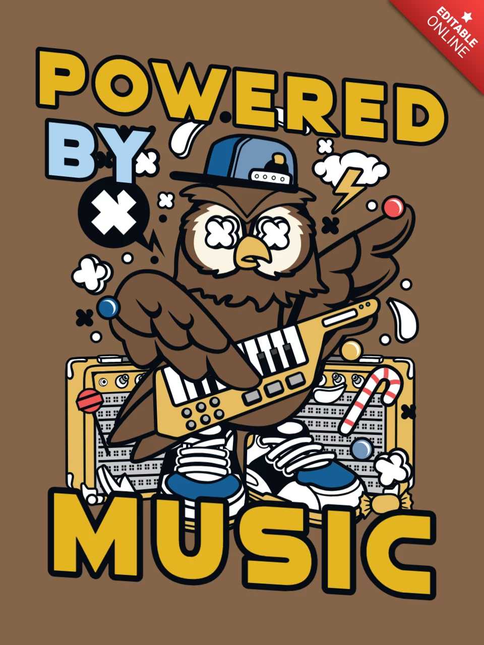 Powered by Music Eulen-Charakter-T-Shirt-Design-Vorlage