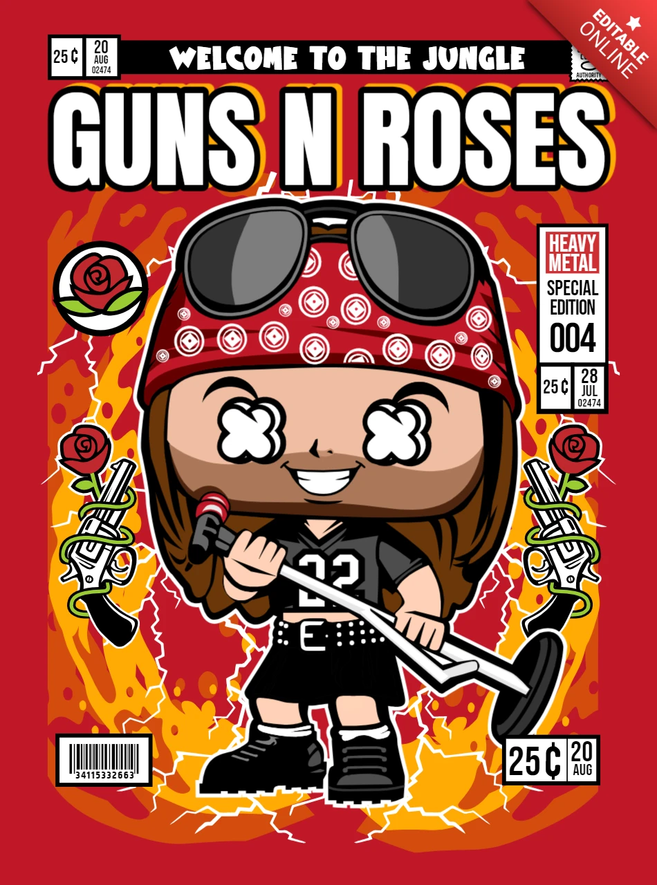 Guns n roses personaje de dibujos animados plantilla de diseño de portada de revista