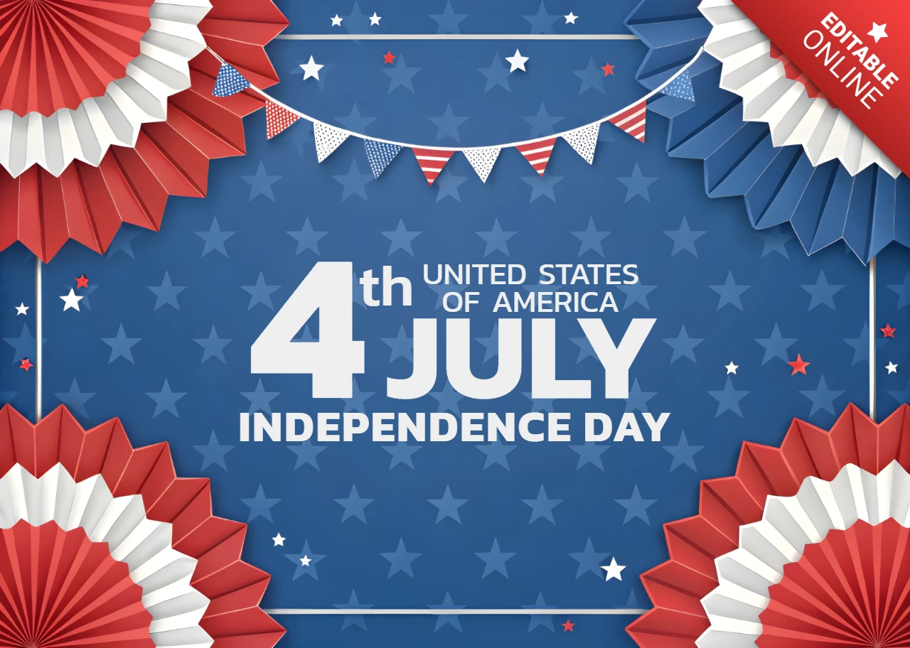 Template de design para a celebração do dia da independência em 4 de julho com banners festivos e padrões de estrelas.