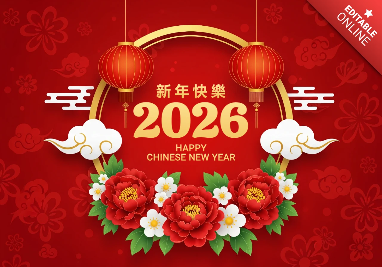 Frohes chinesisches Neujahr 2026 Karte rotes Feier-Thema mit Laternen, Wolken und traditionellen dekorativen Elementen