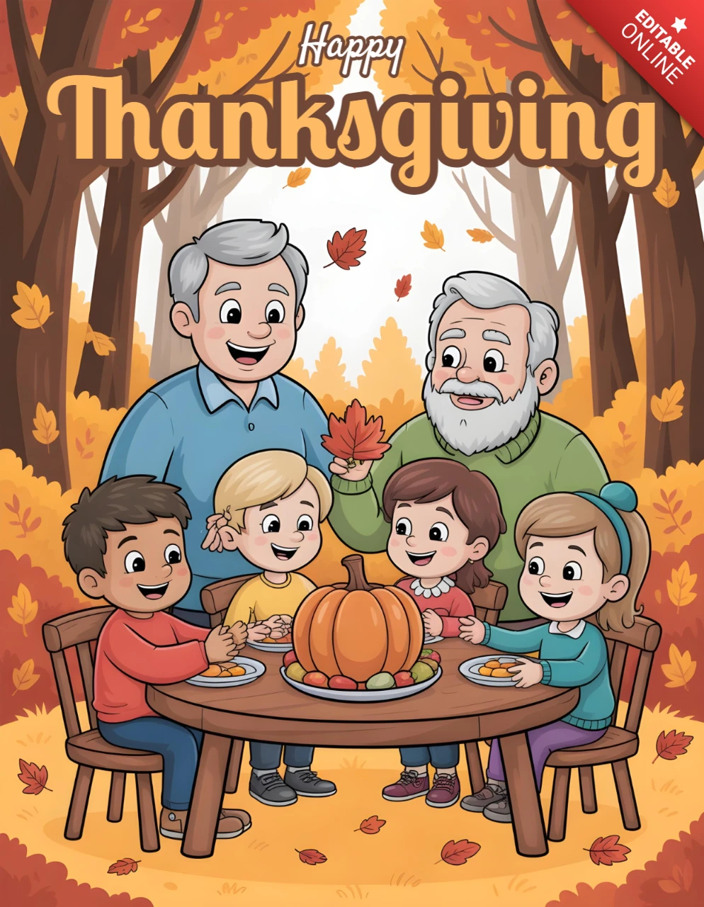 Tarjeta de felicitación de Acción de Gracias abuelos y niños compartiendo comida bajo hojas de otoño y cielo al atardecer diseño de plantilla de banner
