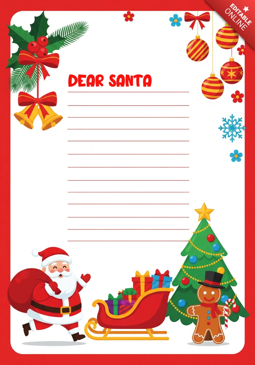 Santa Letter Template Festive Design with Sleigh, Tree, Gingerbread Man, and Santa Claus Illustration