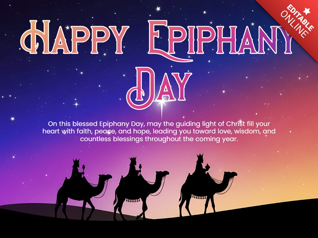 Template de celebração do dia da Epifania com silhuetas de camelos e design de noite estrelada