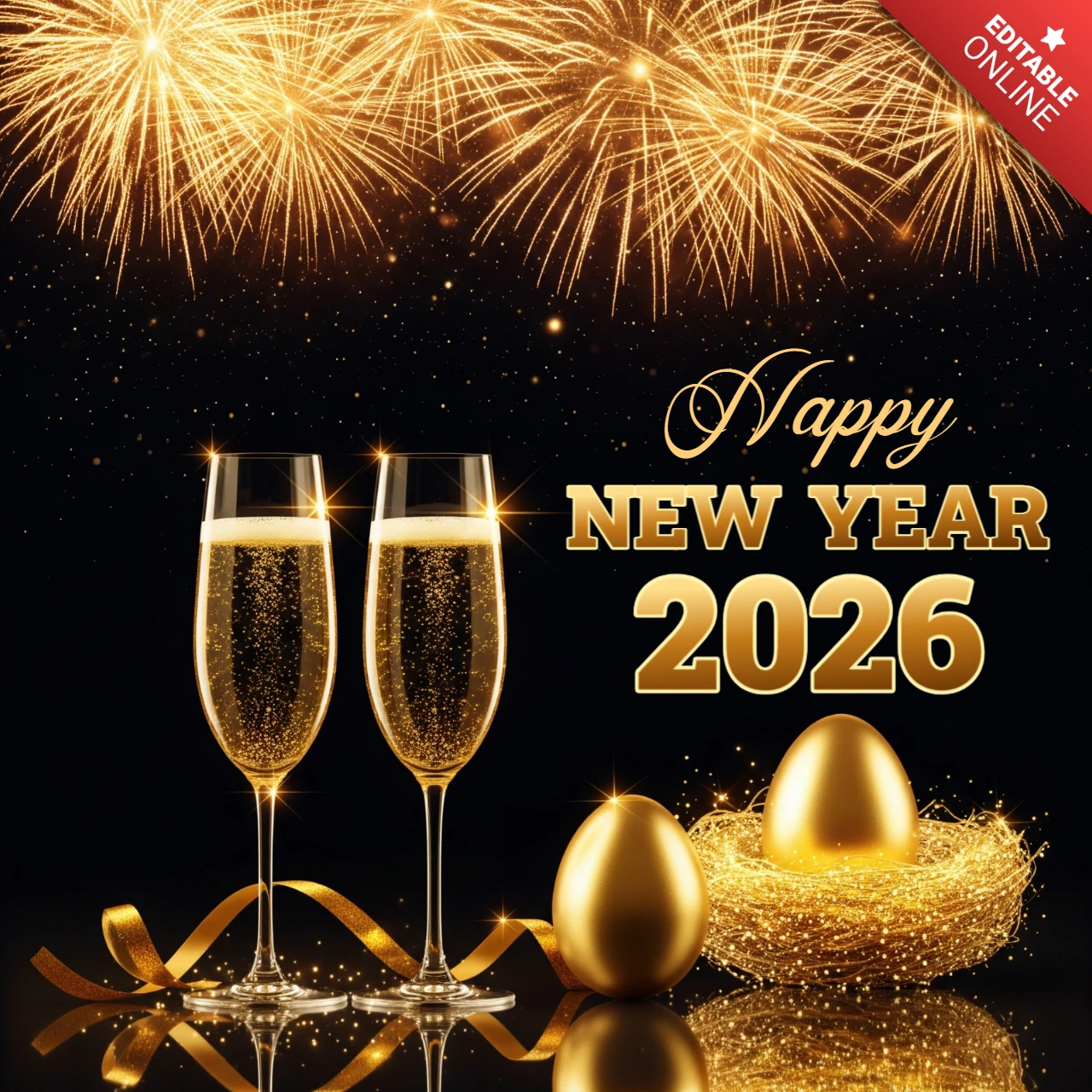 Dark Background with Champagne Glasses, Fireworks, and Glittering Eggs Happy New Year 2026 Card