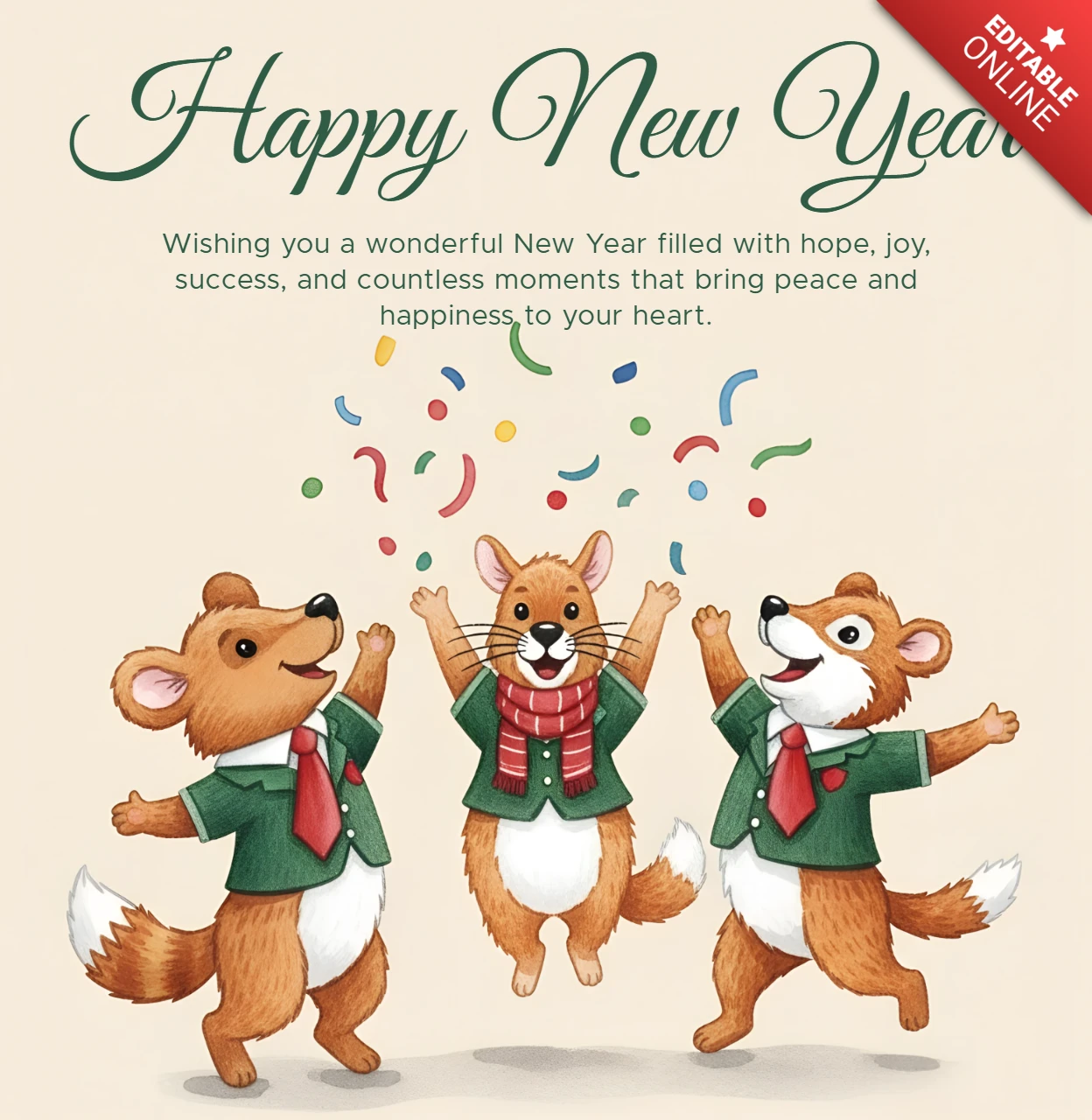 Festive Animal Design Template for Happy New Year Greeting Card