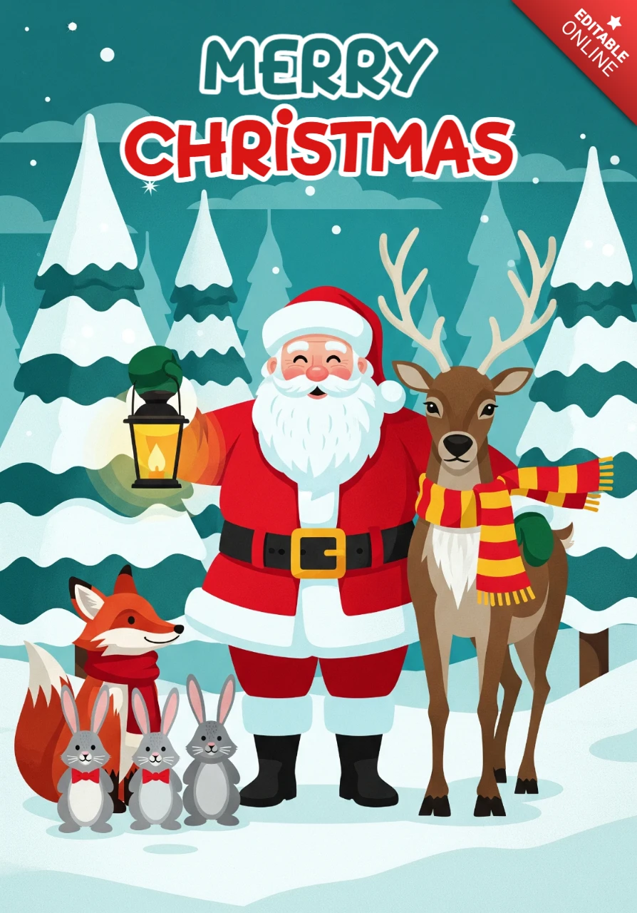 Carte de Noël joyeuse avec le Père Noël, un renard, des lapins et un écureuil dans une scène enneigée festive avec une lanterne et un design de poster magique des fêtes.