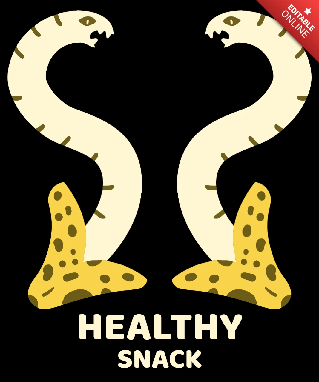 Plantilla de diseño de bocadillos saludables creativos con gusanos juguetones y manchas amarillas.