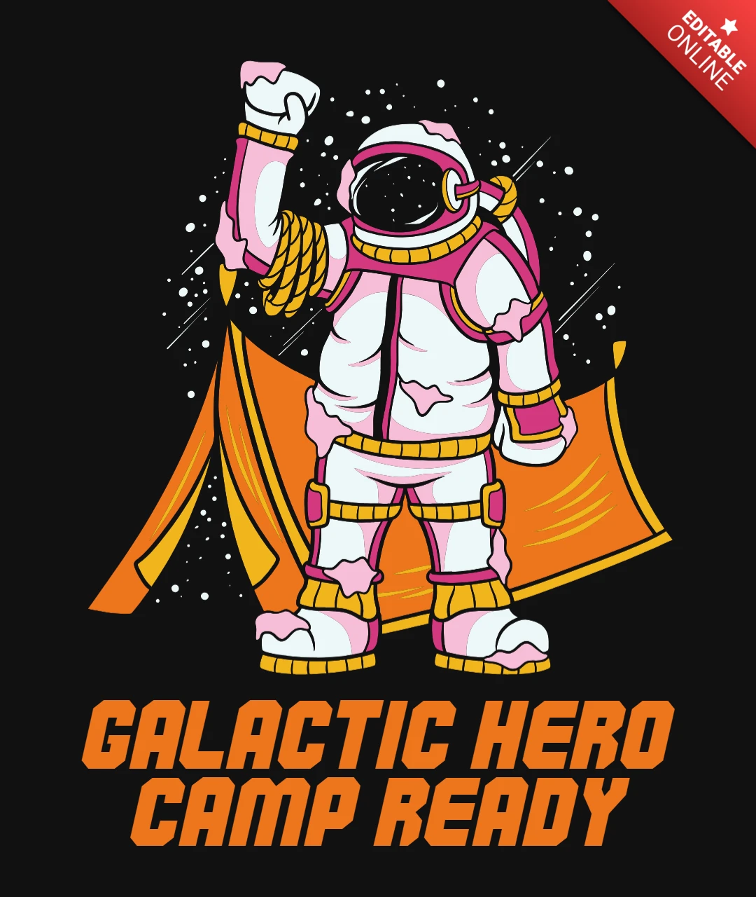 銀河のヒーローキャンプ、オレンジのテント、巻かれたロープ、宇宙のTシャツデザインテンプレートを持つ宇宙飛行士のキャンプ準備