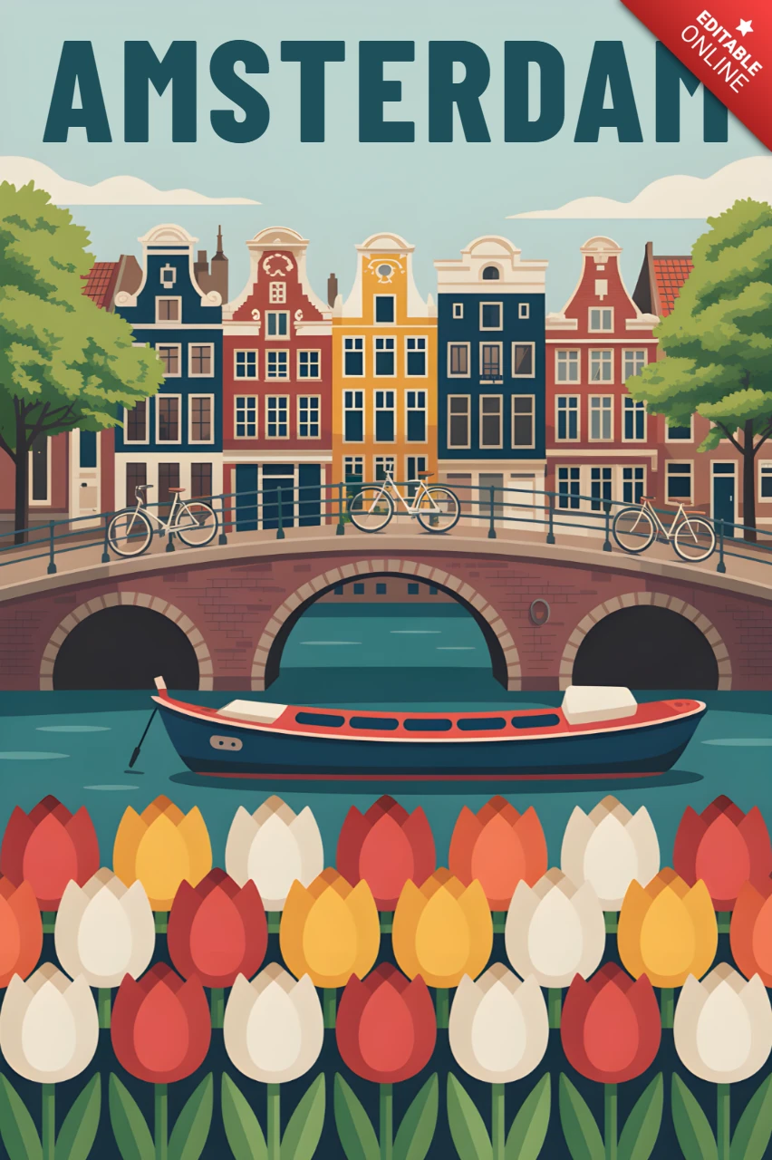 Modèle de design d'illustration vintage d'Amsterdam pour affiches de voyage