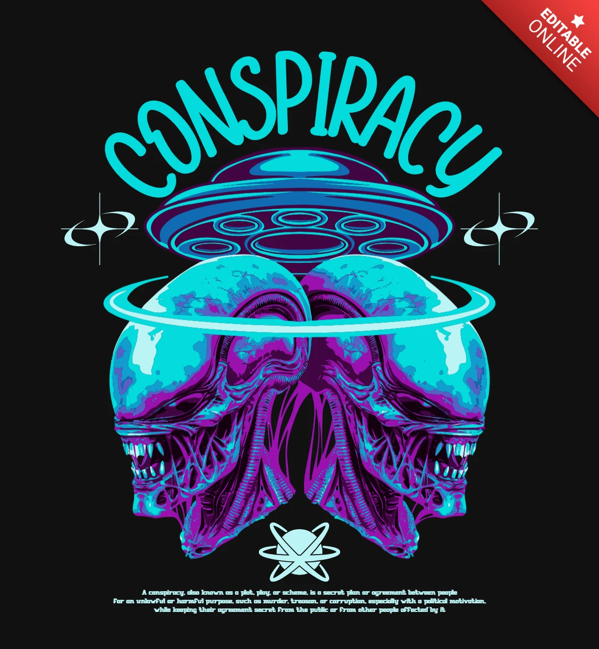 Diseño de camiseta de conspiración alienígena con ovni, halo brillante y calavera oscura.
