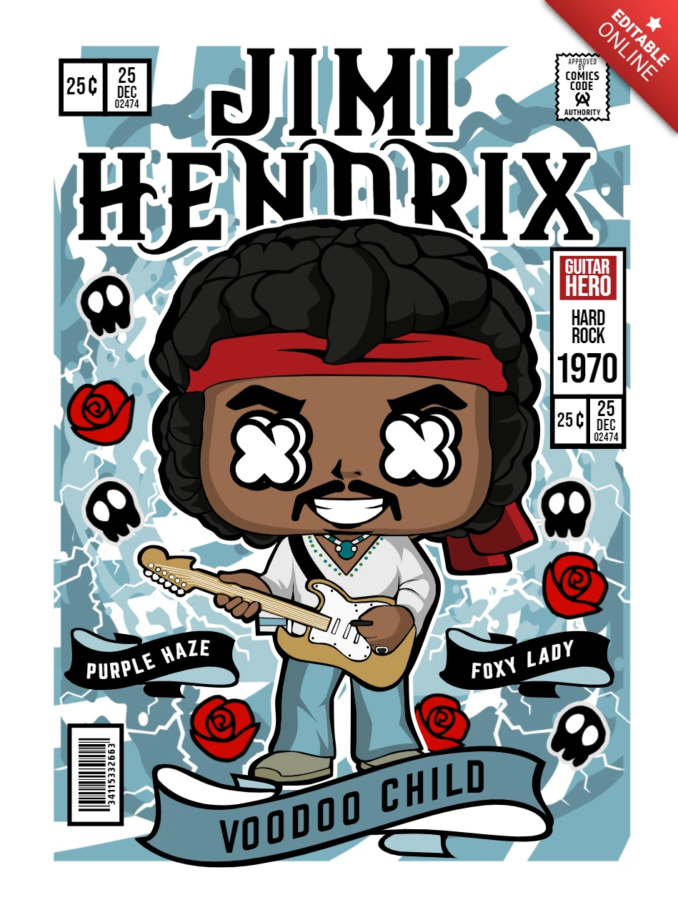 Jimi Hendrix Cartoon Character Magazine Cover Design Template