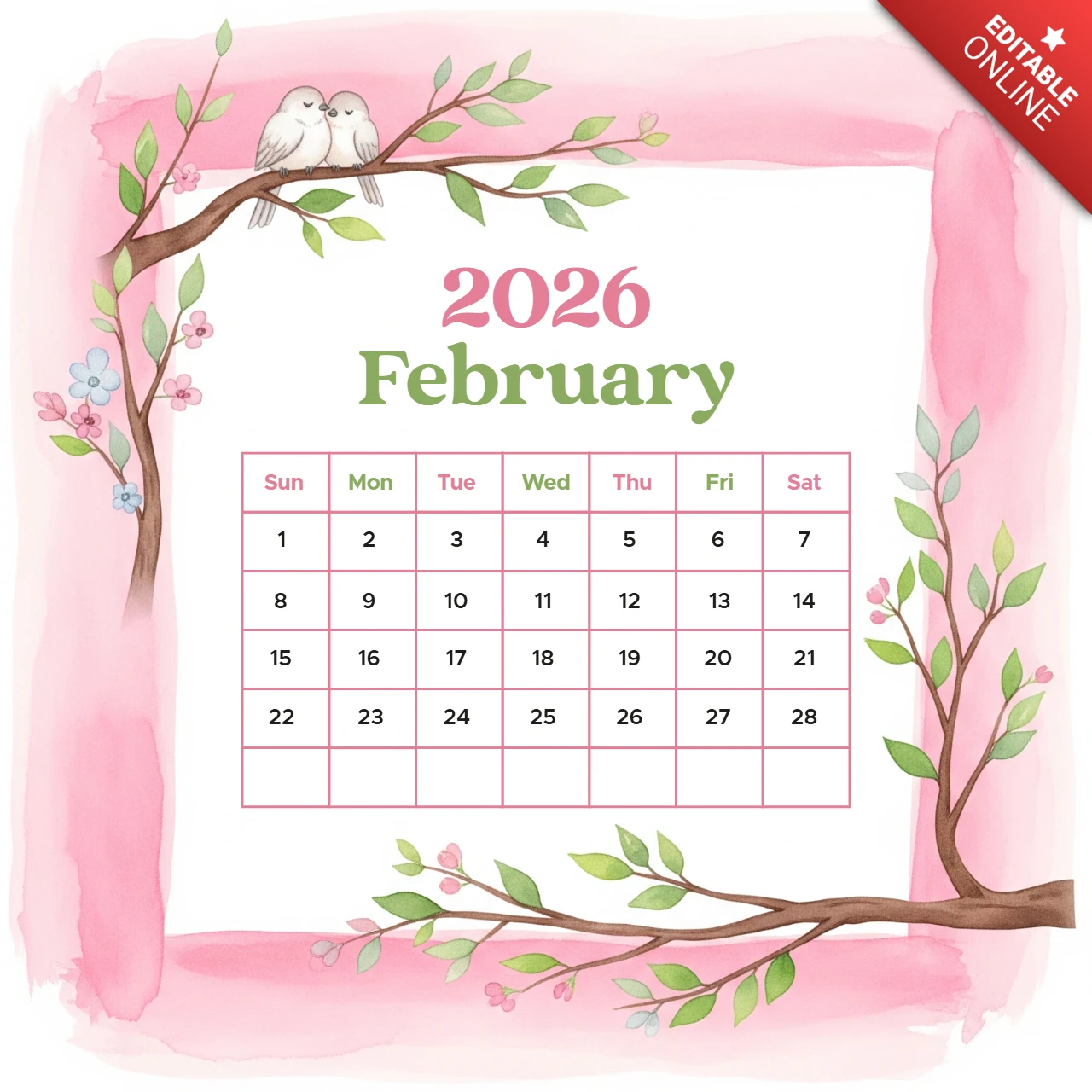 February 2026 Calendar Romantic Theme with Pink Blossoms, Green Leaves, and Soft Glow Accents