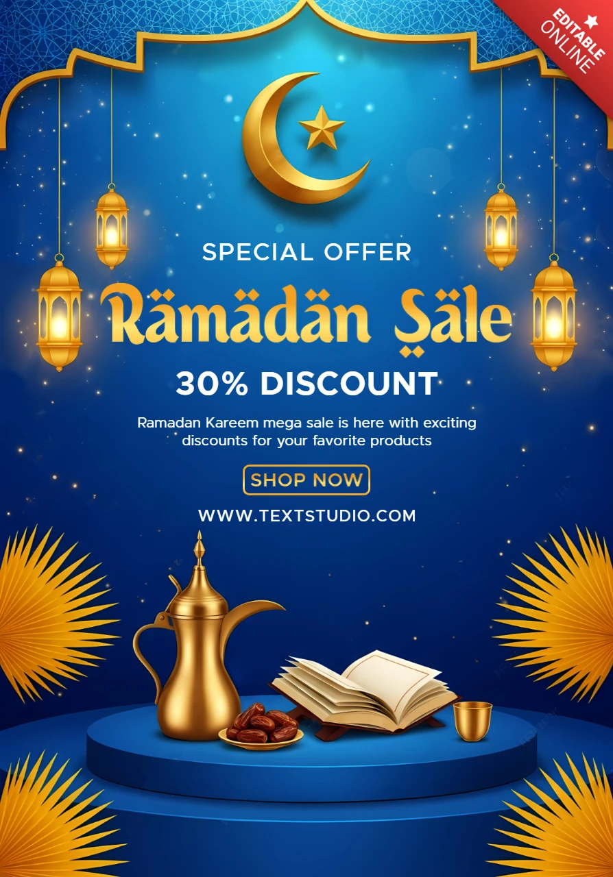 Template de design de venda do Ramadã com lanternas e elementos decorativos para folheto promocional.
