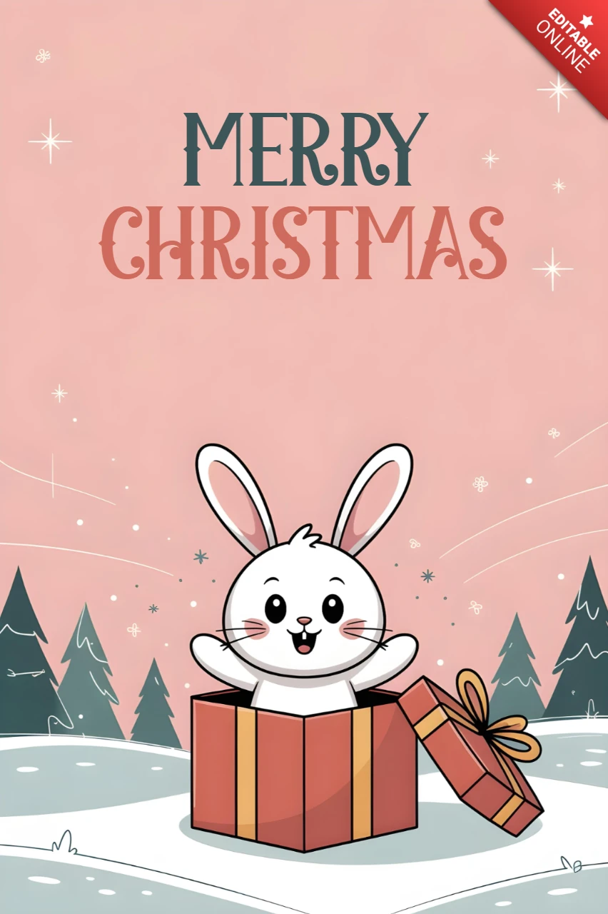 Carte de vœux de Noël lapin blanc dans une boîte-cadeau avec des arbres enneigés et un ciel rose scintillant.