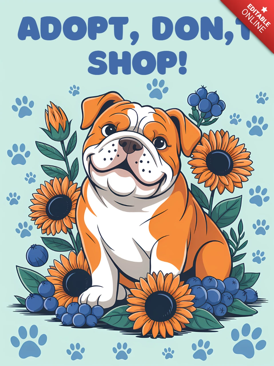 Bulldog-Designvorlage für ein Plakat zur Sensibilisierung für Adoption mit Sonnenblumen und Beeren