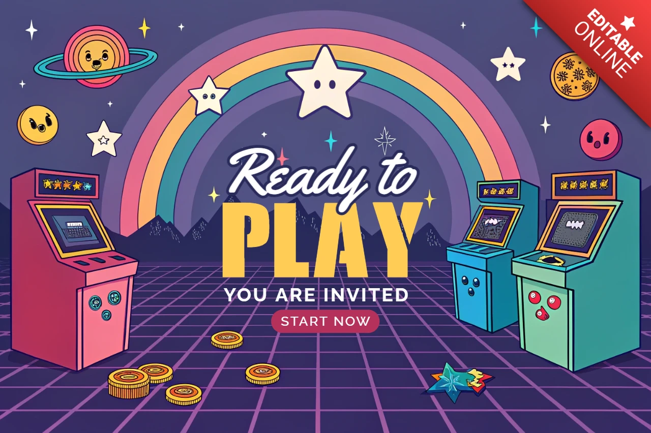 Retro Arcade Game Invitation Template Design with Kawaii Planets and Stars