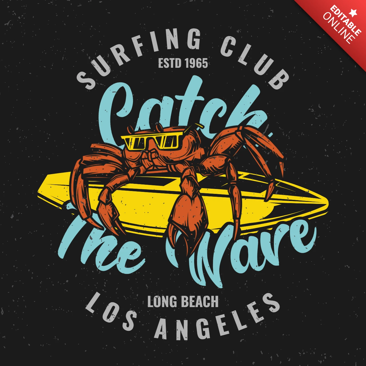 Crab On Surfing Board T-Shirt Design Template