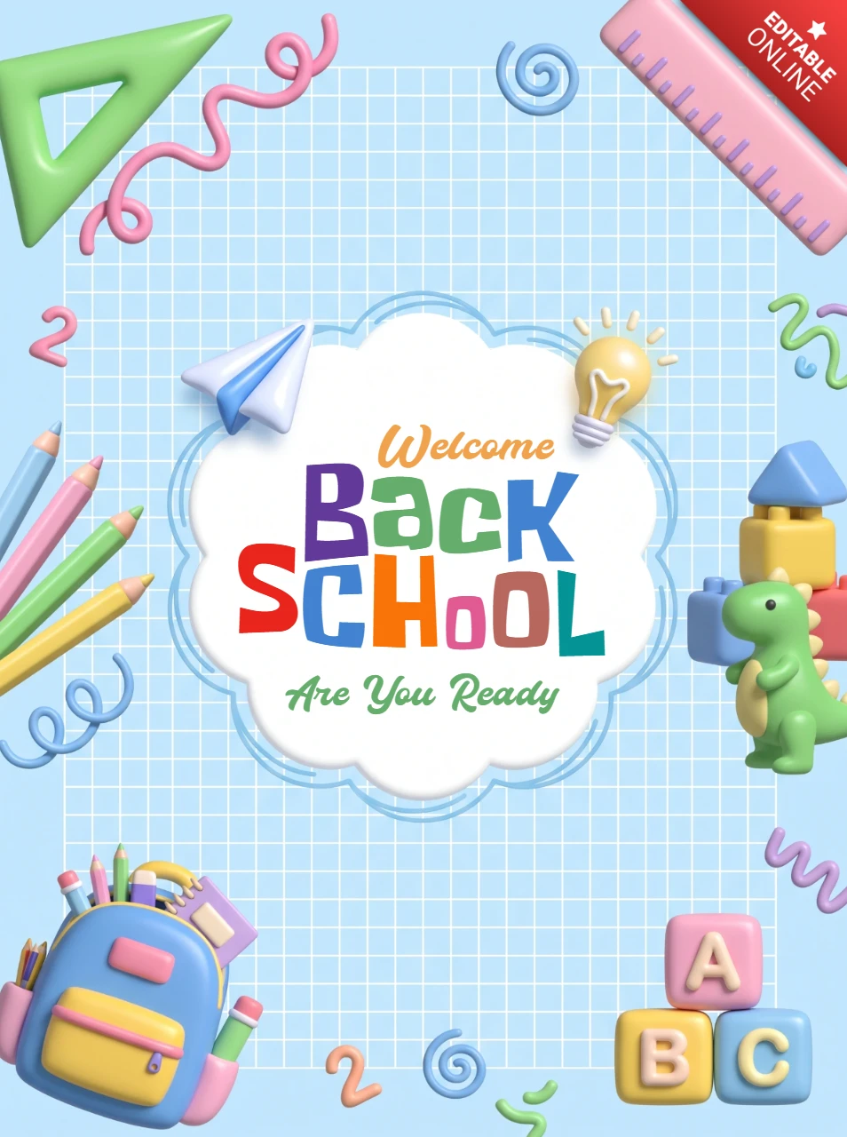 Colorful back to school poster with cute 3d school supplies icons and a blue grid pattern background for education