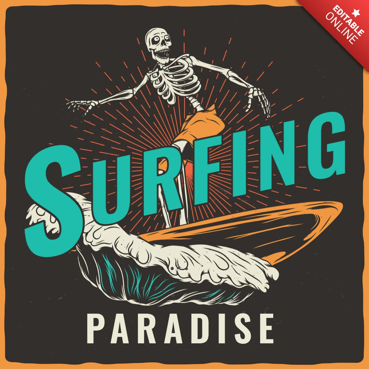 Modelo de design de camiseta de esqueleto com prancha de surfe