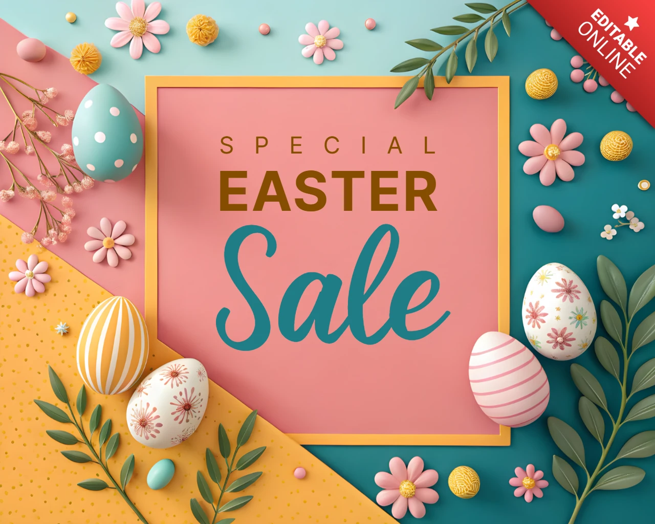 Colorful Easter Sale Design Template with Floral and Egg Elements