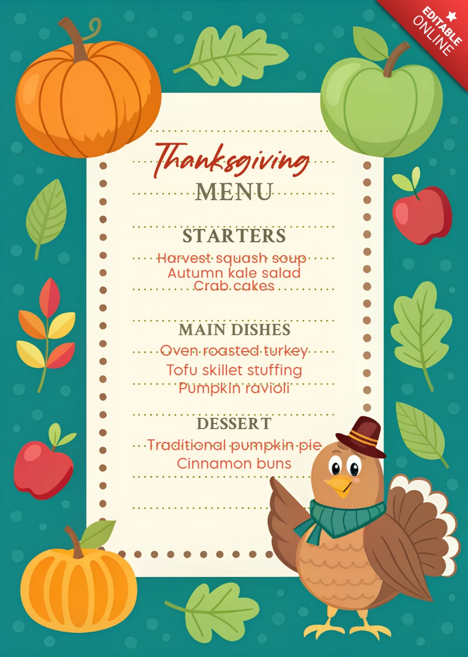 Thanksgiving Menu Design Template with Cute Turkey and Autumn Leaves for Holiday Celebrations