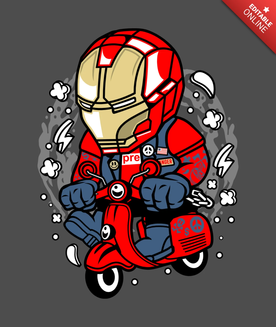 Modèle de conception de t-shirt de personnage de dessin animé Iron Man Scooter