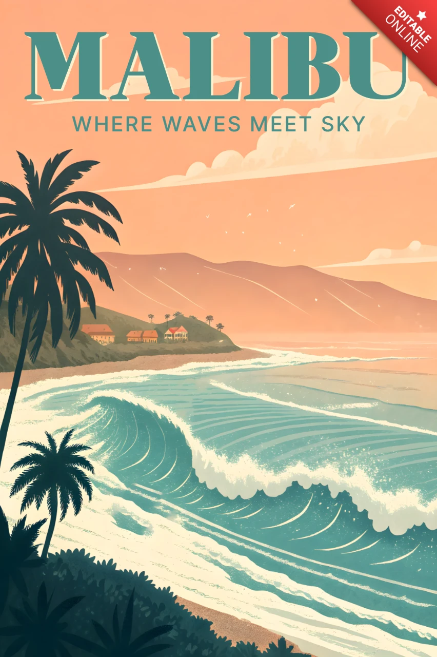 Malibu Beach Wave Design Template for Retro Flat Wall Art and Merch