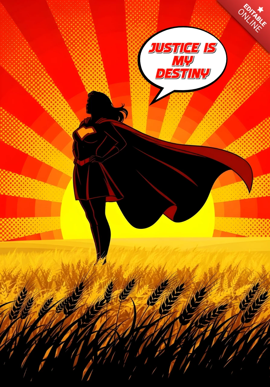 La justicia es mi destino mujer superheroína silueta en un campo de trigo al amanecer diseño de cartel.