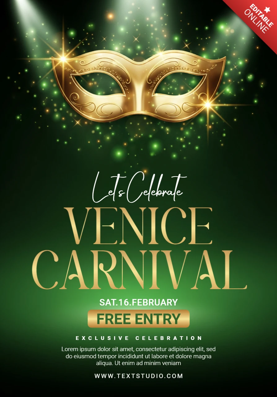Máscara de carnaval dorada con brillos sobre fondo degradado verde para decoración festiva de lujo en el cartel de la fiesta del carnaval de Venecia.