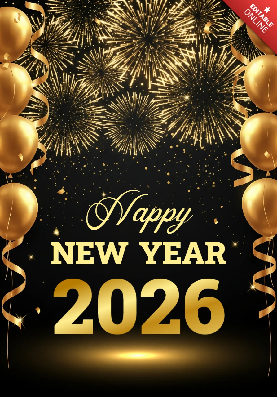 Happy New Year 2026 Greeting Card Golden Balloons, Fireworks & Sparkling Lights on Elegant Black Background