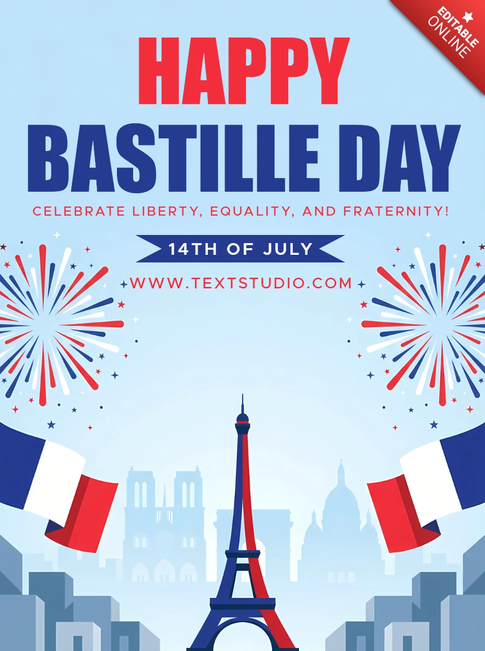 Bastille Day Greeting Card with Eiffel Tower, French Flags and Fireworks Celebration