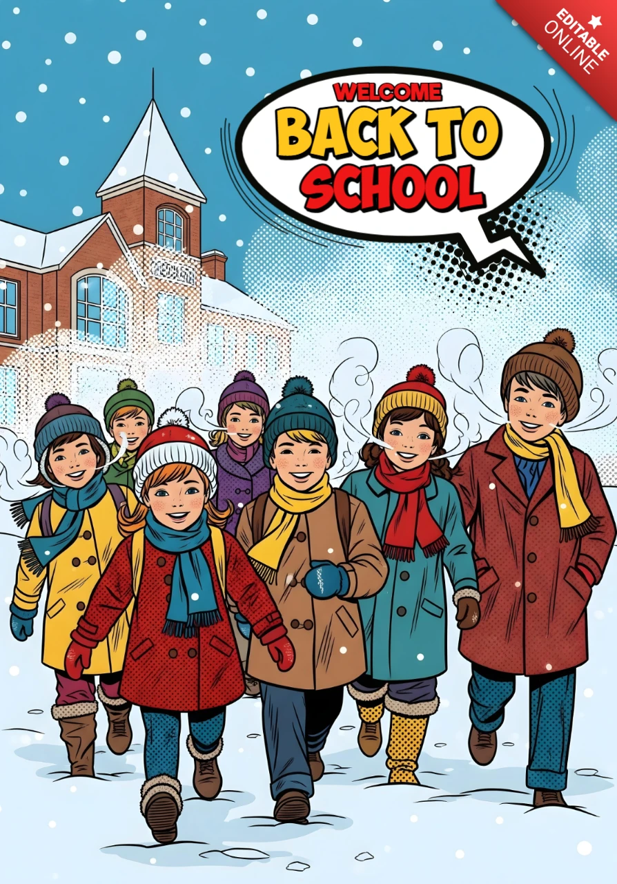 Inverno volta às aulas crianças caminhando pela neve em direção à torre do sino modelo de cartaz escolar