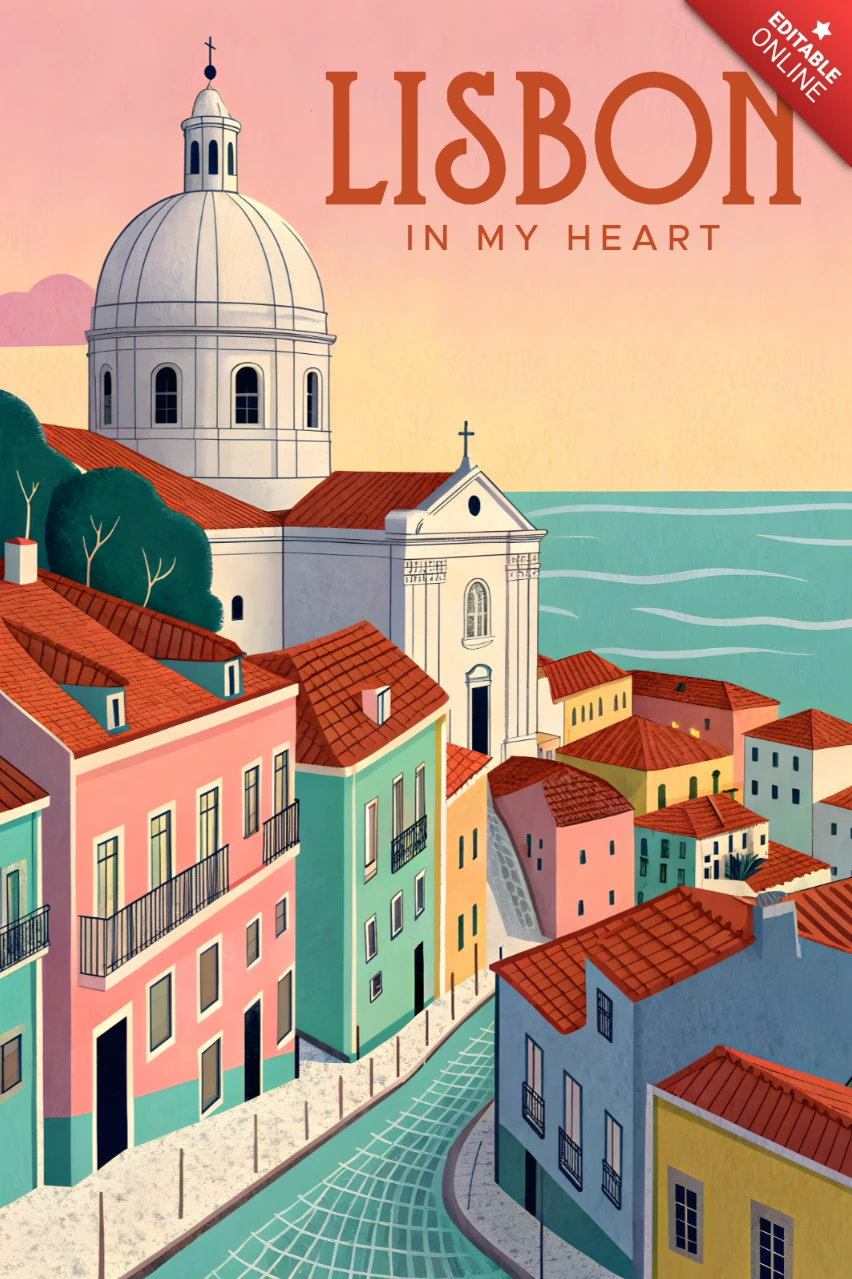 Lisbon Cityscape Retro Flat Illustration for Travel Posters adn Postcards Template