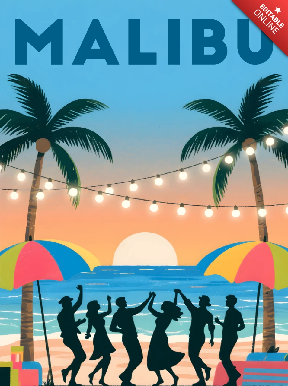Plantilla de diseño para volantes de eventos de fiesta en la playa de Malibu