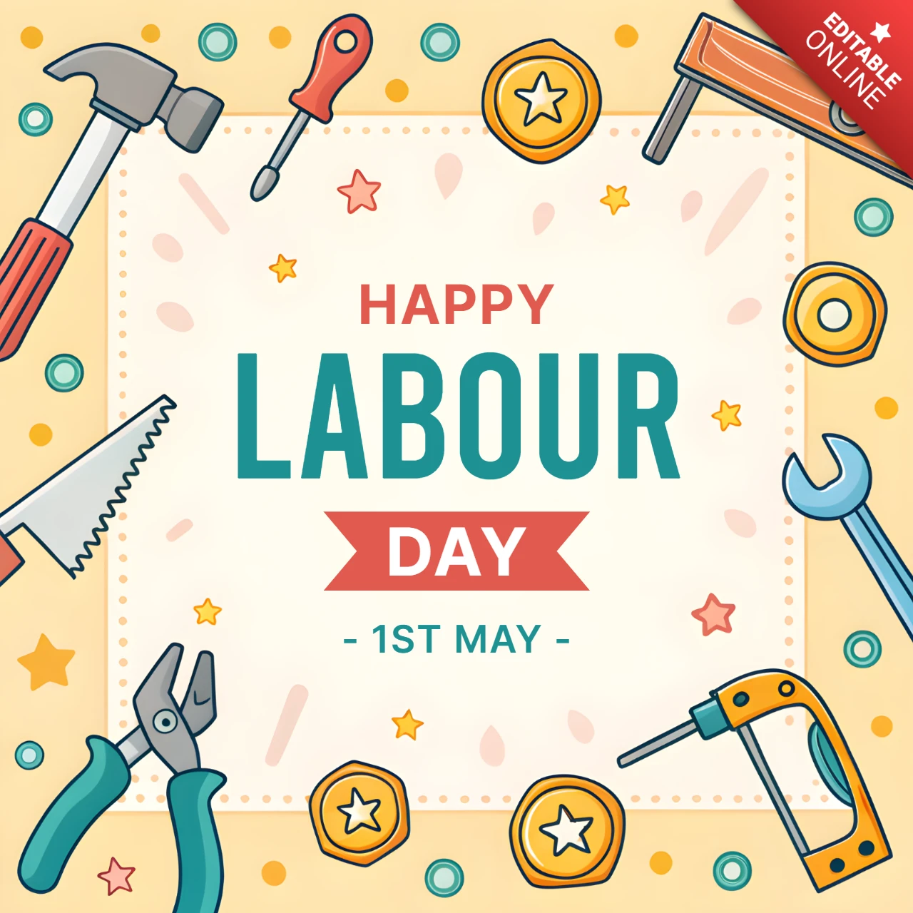 Happy Labour Day Festive Design Template with Playful Tools and Stars