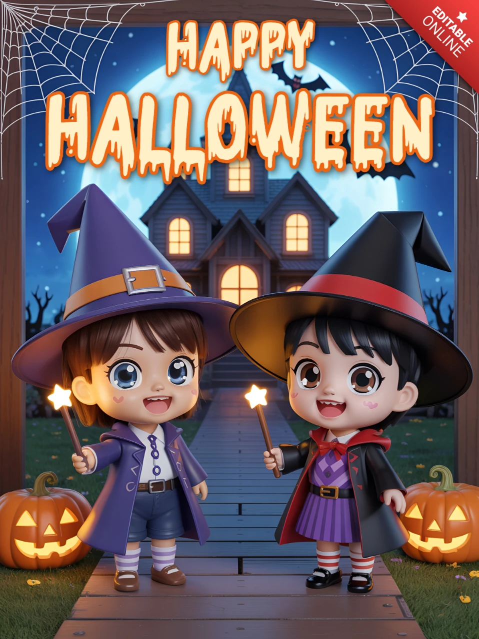 Happy Halloween Design Template with Cute Witch Characters for Party Invitations