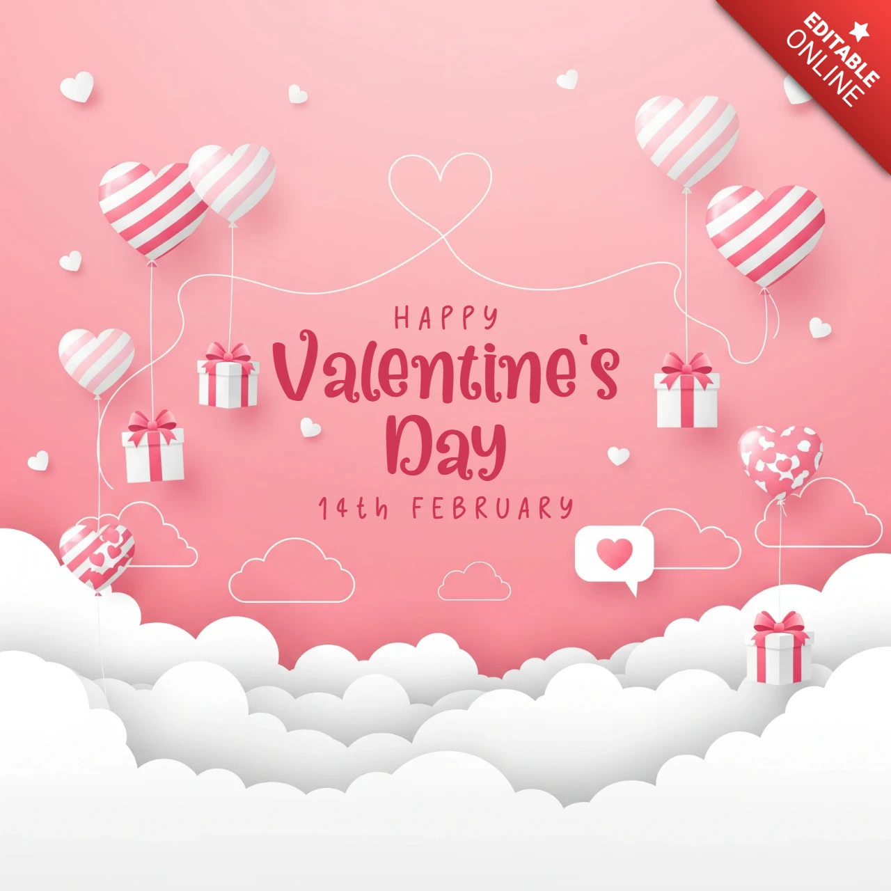 Biglietto d'auguri per San Valentino con sfondo rosa, palloncini a forma di cuore, scatole regalo e accenti di nuvole.