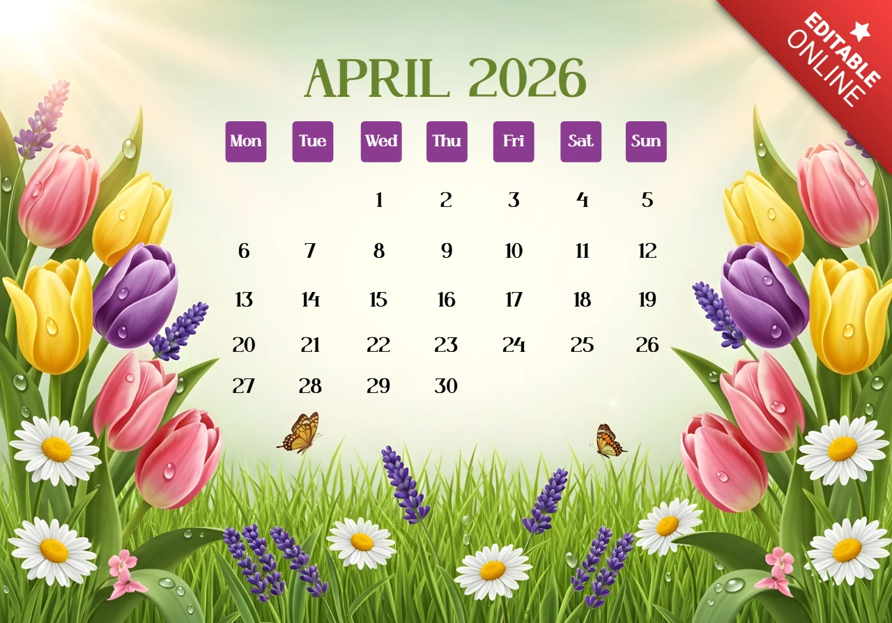 2026年4月のカレンダーポスター — チューリップ、ラベンダー、デイジーをあしらった花の縁取りと鮮やかな春のテーマ