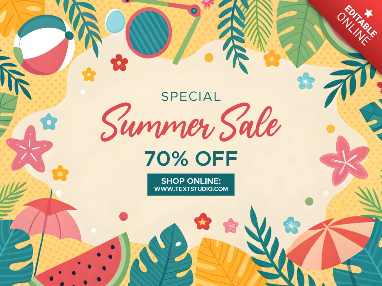Buntes Sommerverkaufsdesign-Template mit kindlichen tropischen Elementen