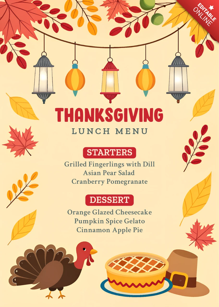 Modèle de design de menu de Thanksgiving avec des feuilles d'automne et des lanternes pour des célébrations festives