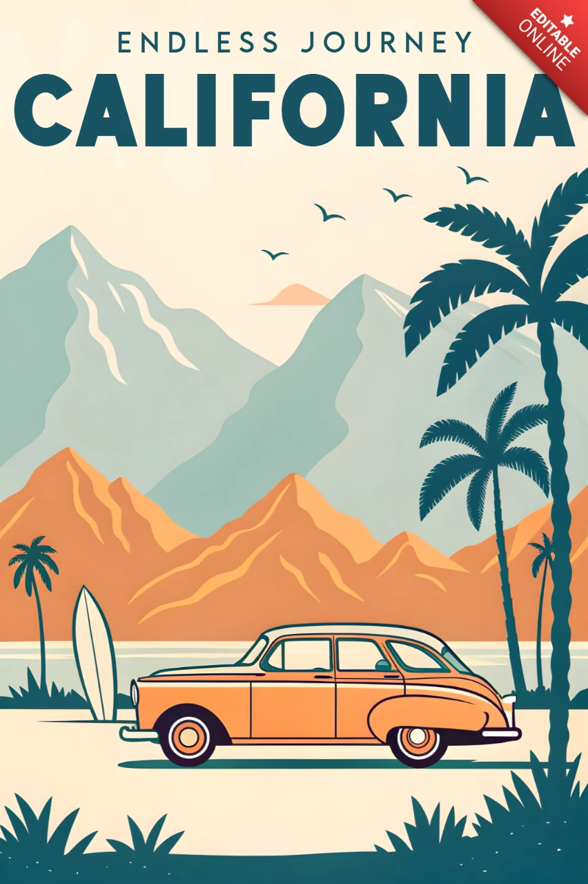 Retro-Kalifornien-Reiseplakat-Designvorlage mit Oldtimer und Palmen