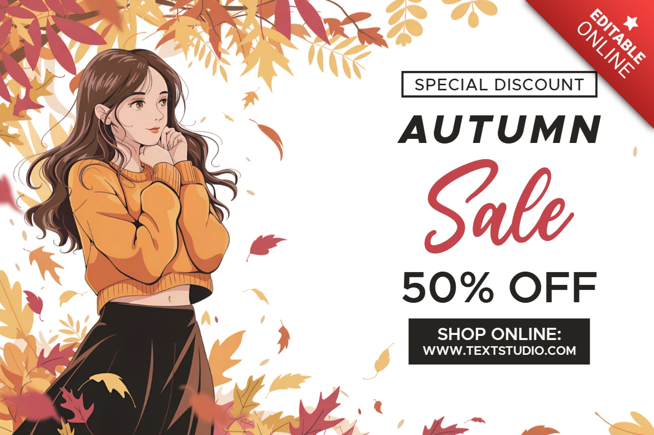 Plantilla promocional de venta de otoño con personaje de anime ilustrado y diseño de hojas.